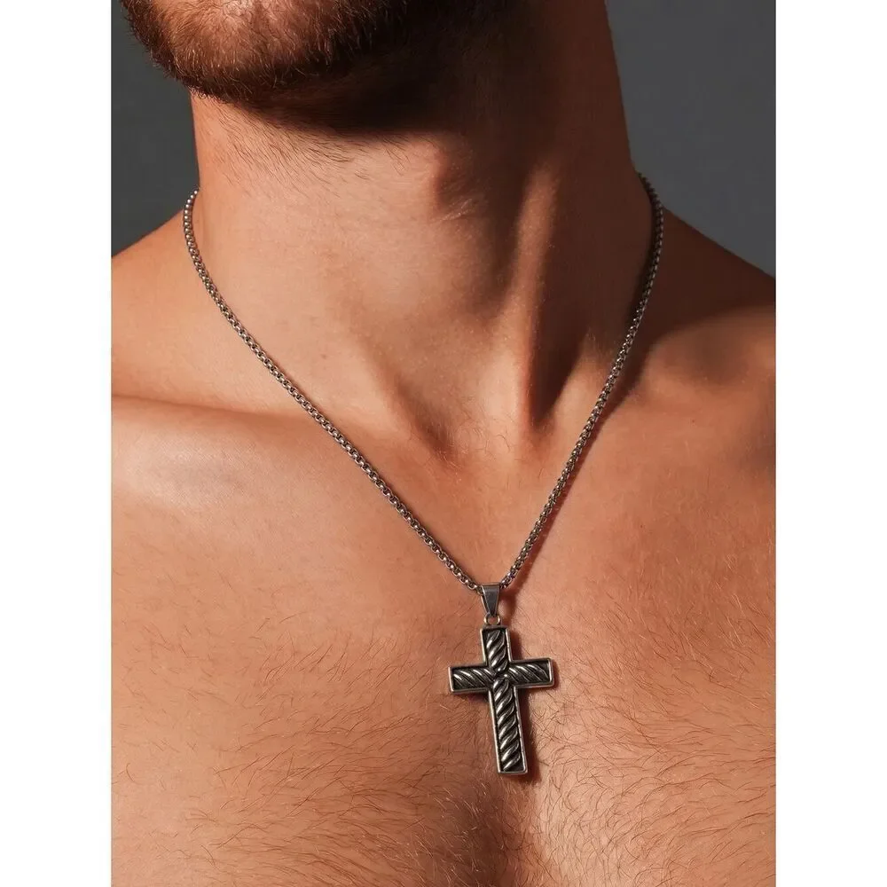 Silver Rope Design Cross Pendant Necklace Stainless Steel 23